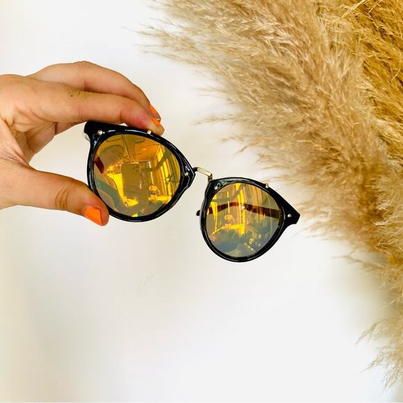 NORDSTROM Oversized Black Plastic Gold Metal Mirror Red Lens Sunglasses Sunnies - Picture 1 of 12